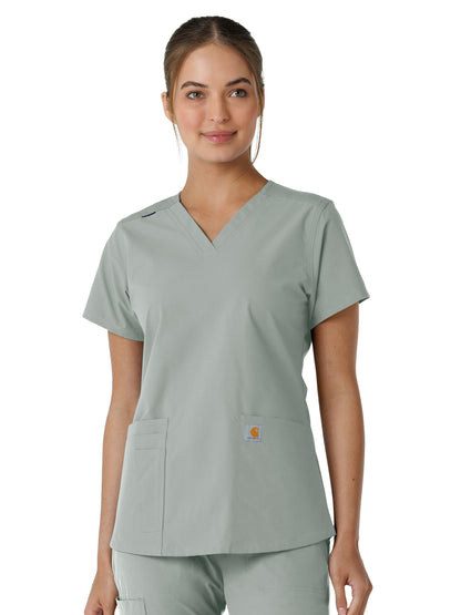 Women's Four-Pocket V-Neck Knit Panel Scrub Top - C12313 - Grey