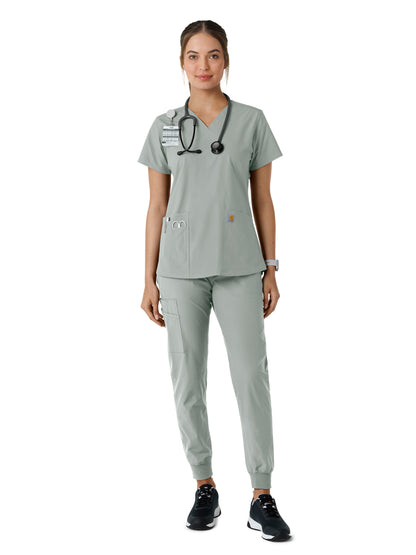 Women's Four-Pocket V-Neck Knit Panel Scrub Top - C12313 - Grey