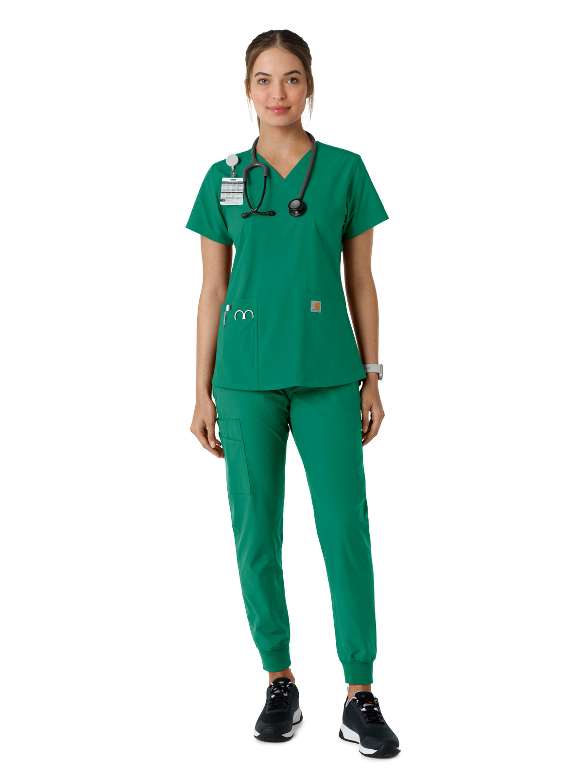 Women's Four-Pocket V-Neck Knit Panel Scrub Top - C12313 - Hunter