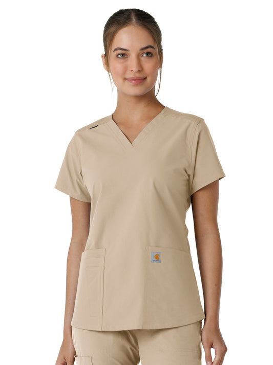 Women's Four-Pocket V-Neck Knit Panel Scrub Top - C12313 - Khaki