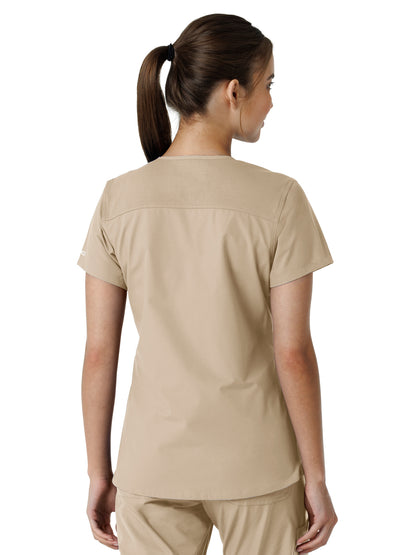 Women's Four-Pocket V-Neck Knit Panel Scrub Top - C12313 - Khaki