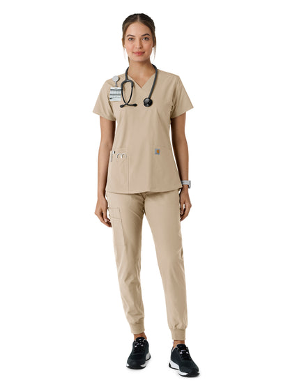 Women's Four-Pocket V-Neck Knit Panel Scrub Top - C12313 - Khaki