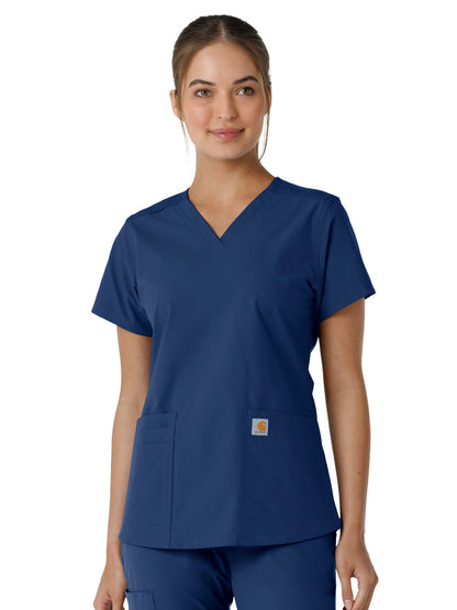 Women's Four-Pocket V-Neck Knit Panel Scrub Top - C12313 - Navy