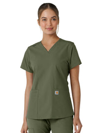 Women's Four-Pocket V-Neck Knit Panel Top - C12313 - Olive