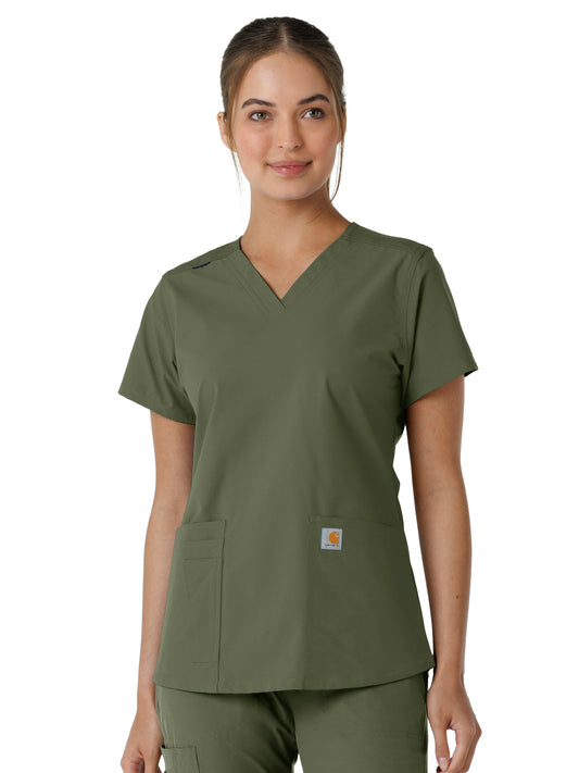 Women's Four-Pocket V-Neck Knit Panel Scrub Top - C12313 - Olive