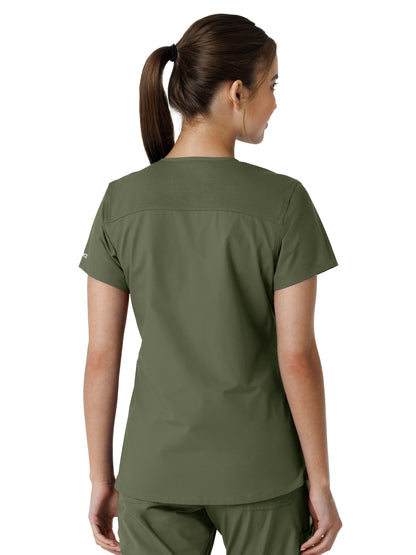 Women's Four-Pocket V-Neck Knit Panel Scrub Top - C12313 - Olive