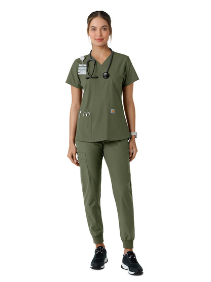 Women's Four-Pocket V-Neck Knit Panel Scrub Top - C12313 - Olive