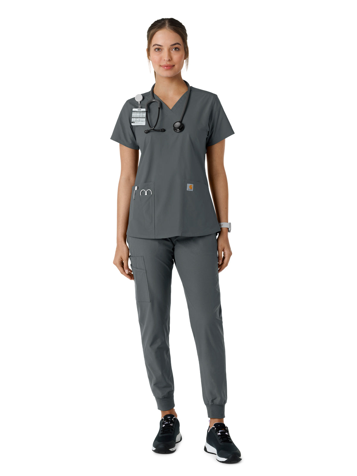 Women's Four-Pocket V-Neck Knit Panel Scrub Top - C12313 - Pewter