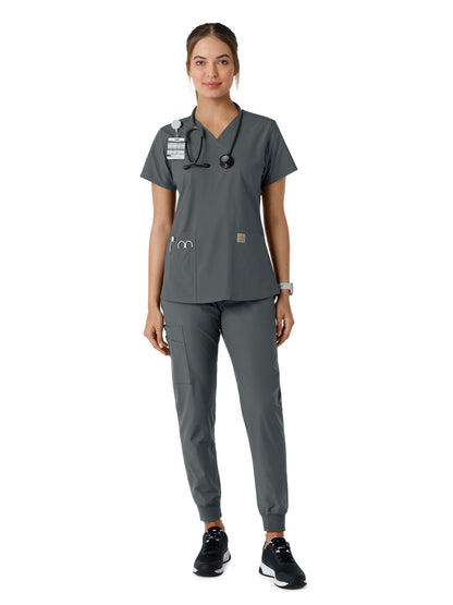 Women's Four-Pocket V-Neck Knit Panel Scrub Top - C12313 - Pewter