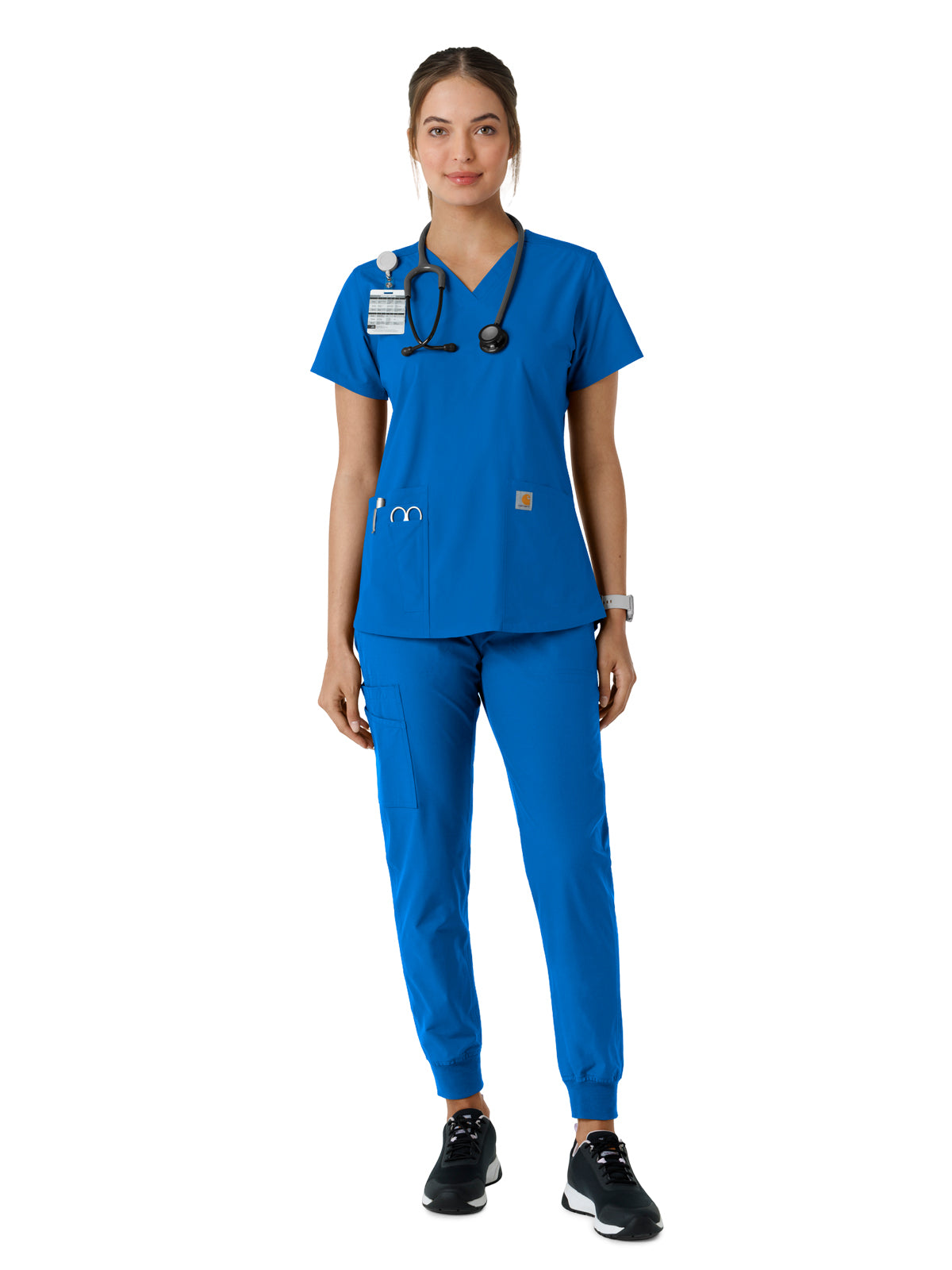 Women's Four-Pocket V-Neck Knit Panel Scrub Top - C12313 - Royal