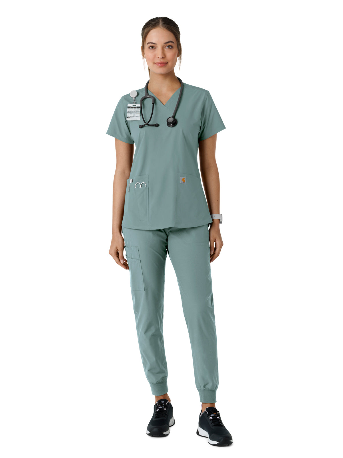 Women's Four-Pocket V-Neck Knit Panel Scrub Top - C12313 - Summer Blue