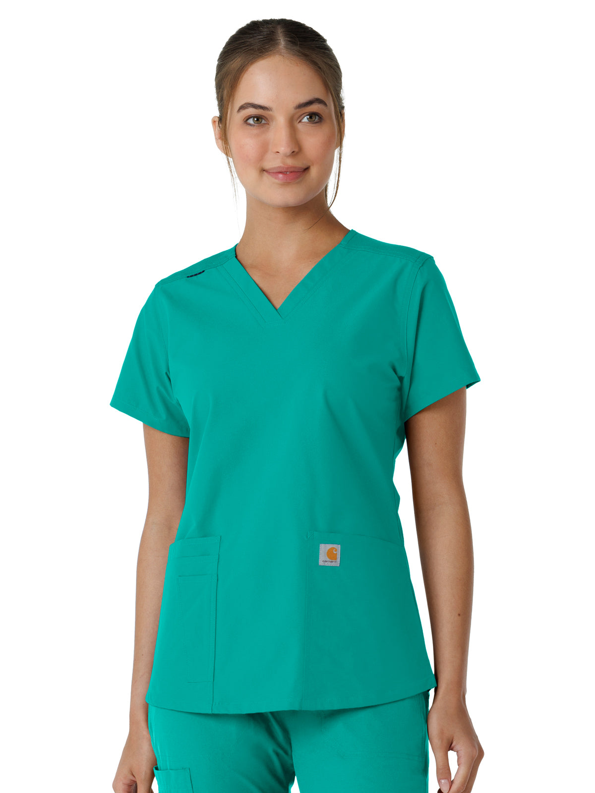 Women's Four-Pocket V-Neck Knit Panel Scrub Top - C12313 - Teal