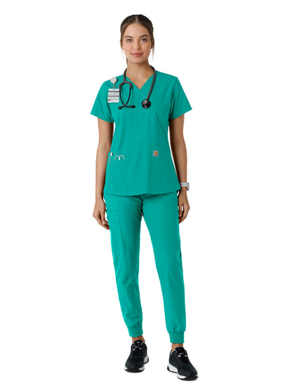 Women's Four-Pocket V-Neck Knit Panel Scrub Top - C12313 - Teal