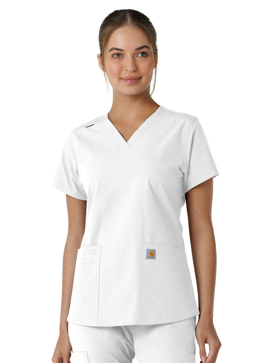 Women's Four-Pocket V-Neck Knit Panel Scrub Top - C12313 - White