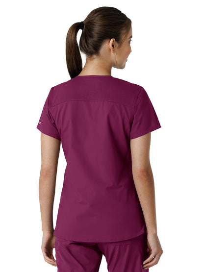 Women's Four-Pocket V-Neck Knit Panel Scrub Top - C12313 - Wine