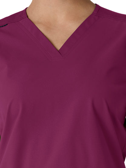 Women's Four-Pocket V-Neck Knit Panel Scrub Top - C12313 - Wine