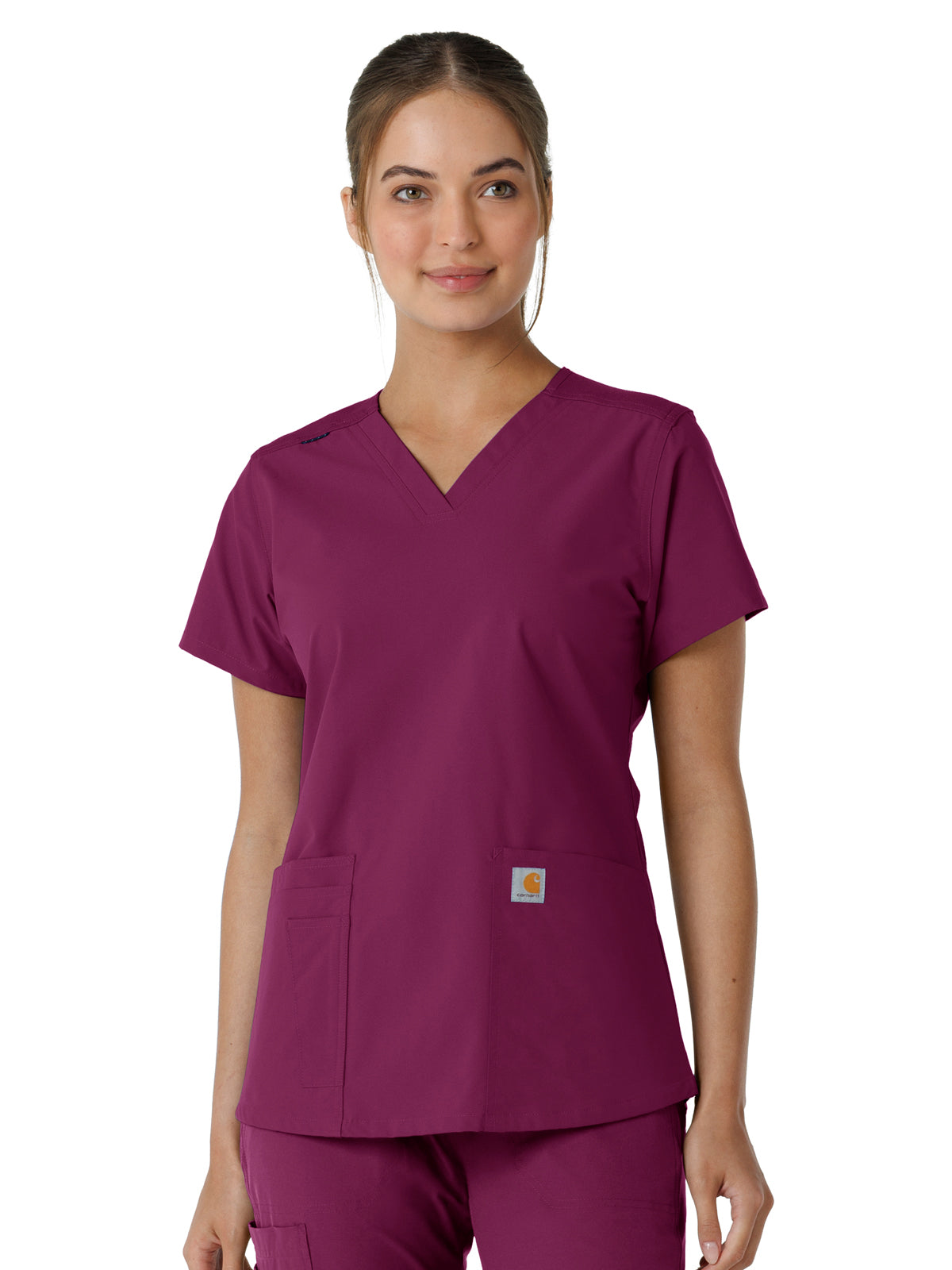 Women's Four-Pocket V-Neck Knit Panel Scrub Top - C12313 - Wine