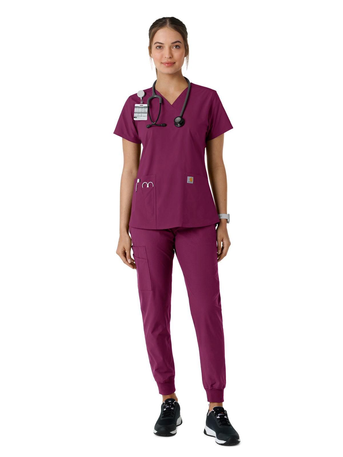 Women's Four-Pocket V-Neck Knit Panel Scrub Top - C12313 - Wine