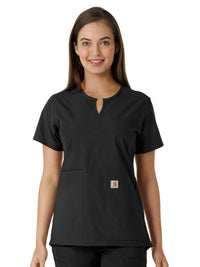 Women's Notch Neck Tunic Knit Panel Top - C12413 - Black