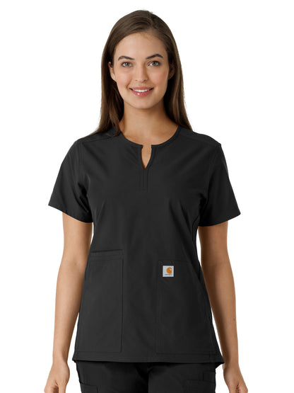 Women's Notch Neck Tunic Knit Panel Scrub Top - C12413 - Black