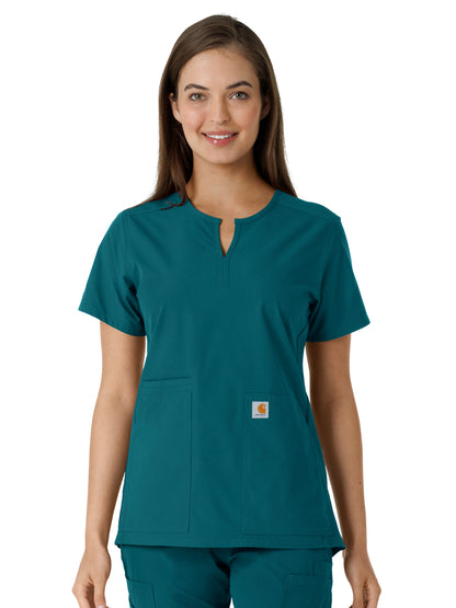 Women's Notch Neck Tunic Knit Panel Scrub Top - C12413 - Caribbean