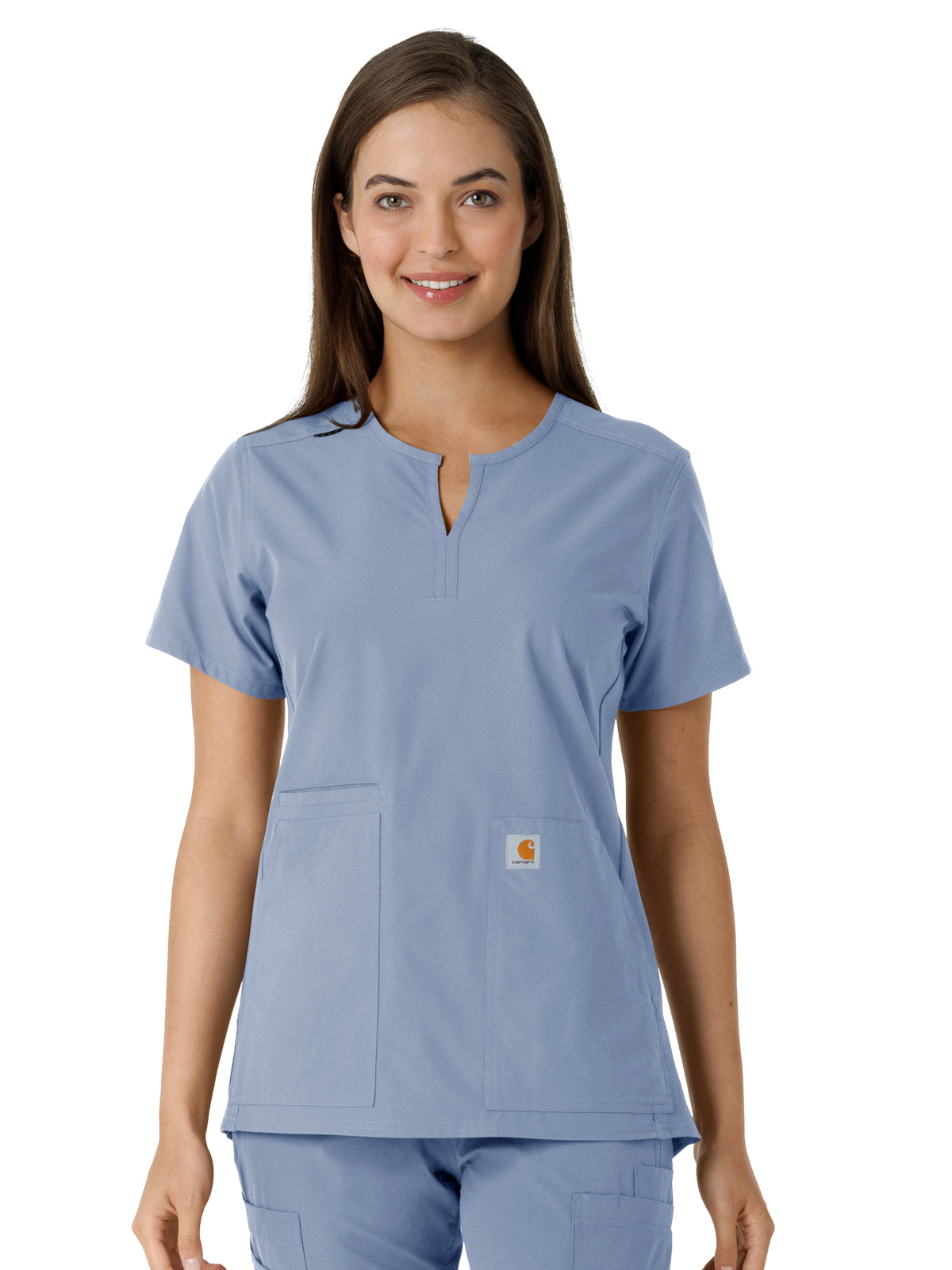 Women's Notch Neck Tunic Knit Panel Scrub Top - C12413 - Ceil Blue