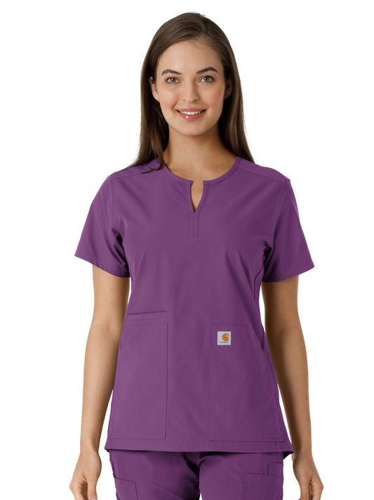 Women's Notch Neck Tunic Knit Panel Scrub Top - C12413 - Eggplant