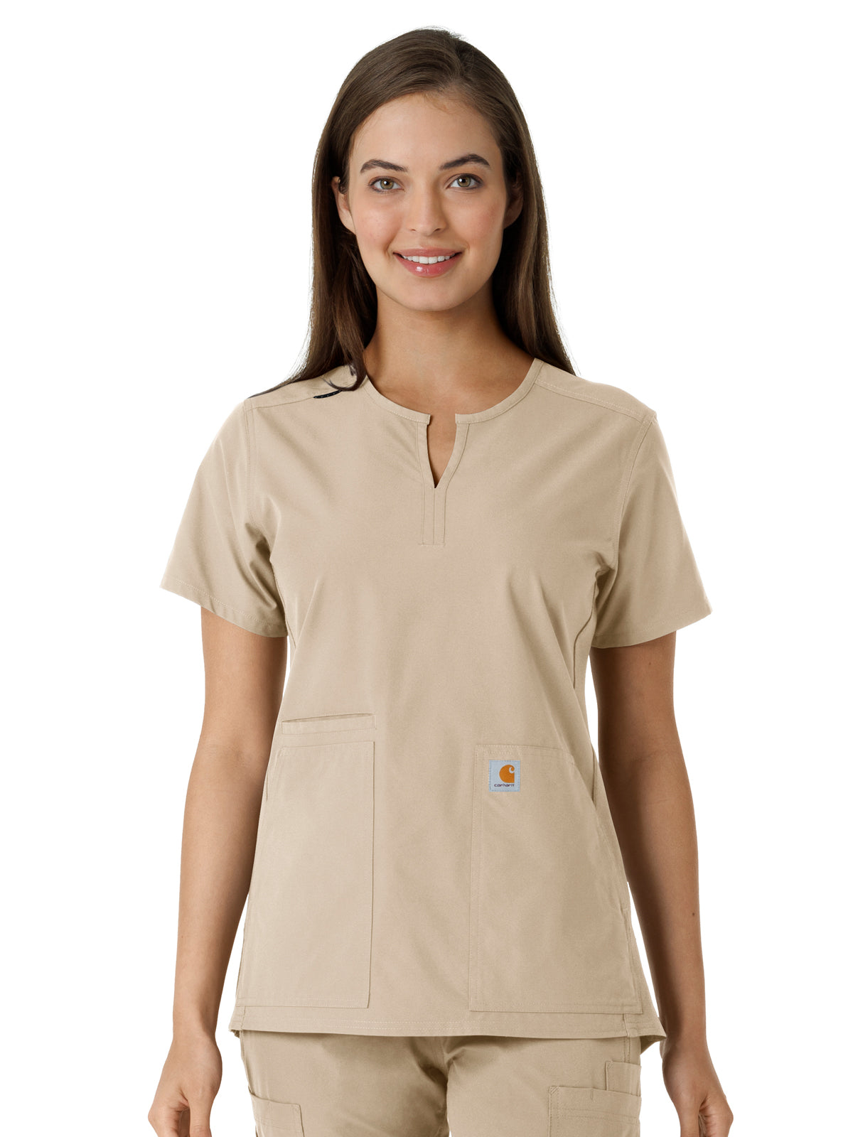 Women's Notch Neck Tunic Knit Panel Scrub Top - C12413 - Khaki