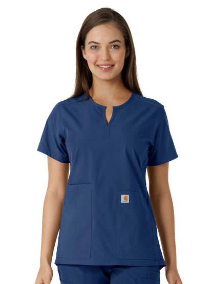 Women's Notch Neck Tunic Knit Panel Scrub Top - C12413 - Navy