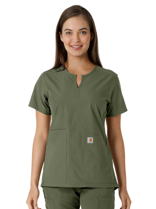 Women's Notch Neck Tunic Knit Panel Scrub Top - C12413 - Olive