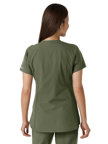 Women's Notch Neck Tunic Knit Panel Scrub Top - C12413 - Olive