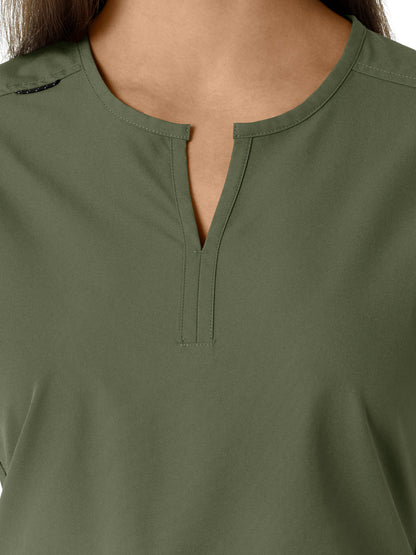 Women's Notch Neck Tunic Knit Panel Scrub Top - C12413 - Olive