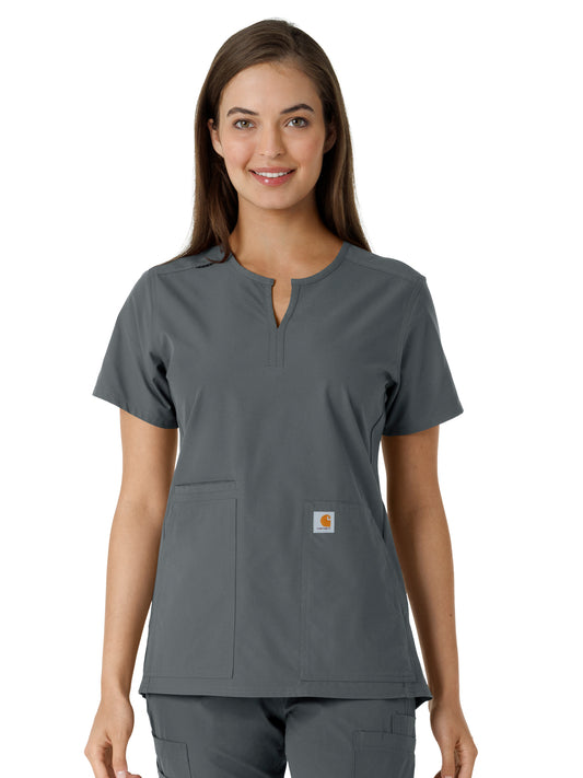 Women's Notch Neck Tunic Knit Panel Scrub Top - C12413 - Pewter