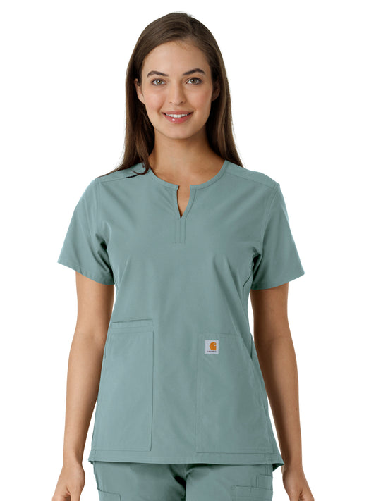 Women's Notch Neck Tunic Knit Panel Scrub Top - C12413 - Summer Blue