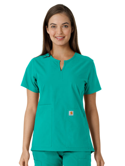 Women's Notch Neck Tunic Knit Panel Scrub Top - C12413 - Teal