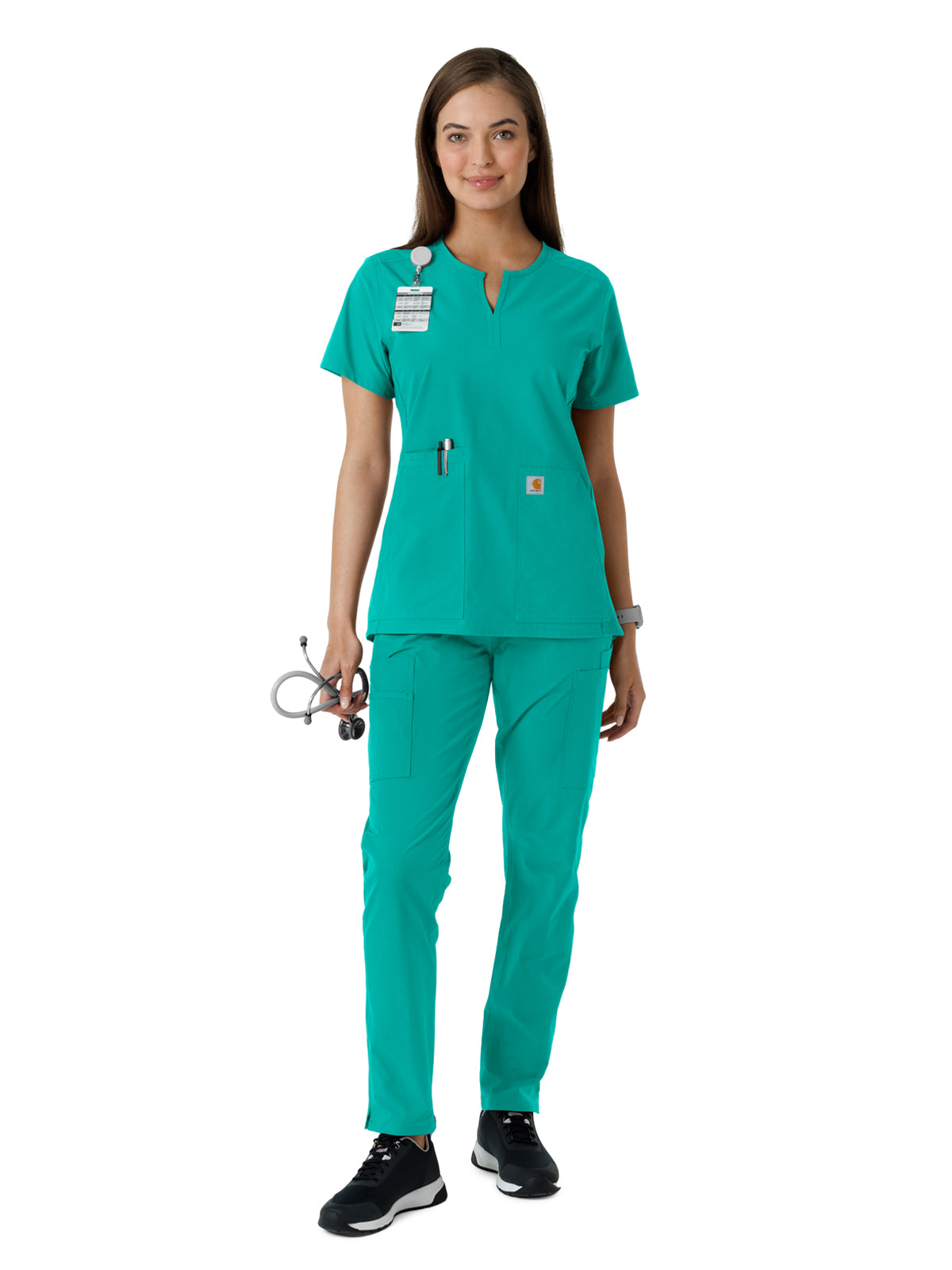 Women's Notch Neck Tunic Knit Panel Scrub Top - C12413 - Teal