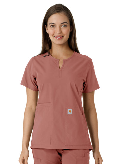 Women's Notch Neck Tunic Knit Panel Scrub Top - C12413 - Wildrose