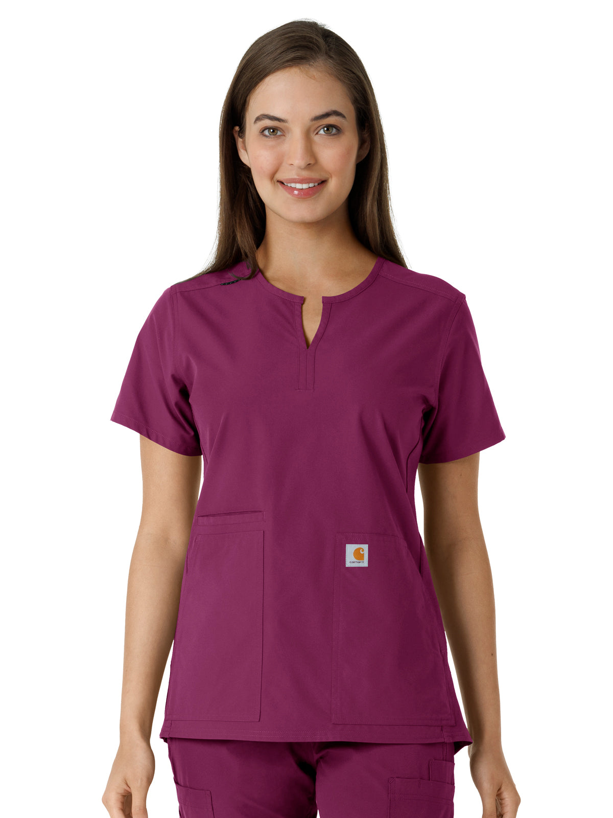 Women's Notch Neck Tunic Knit Panel Scrub Top - C12413 - Wine