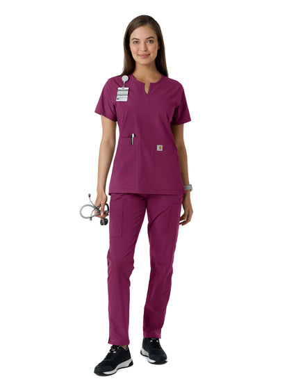 Women's Notch Neck Tunic Knit Panel Scrub Top - C12413 - Wine