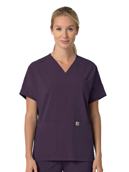 Women's Four-Pocket Oversized V-Neck Top - C13110 - Black Plum