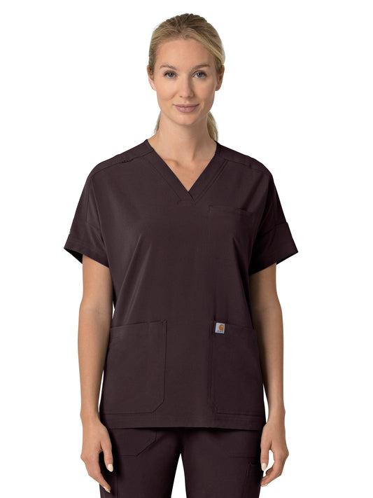 Women's Four-Pocket Oversized V-Neck Top - C13110 - Dark Sepia