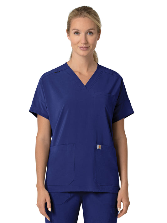 Women's Four-Pocket Oversized V-Neck Top - C13110 - Galaxy Blue