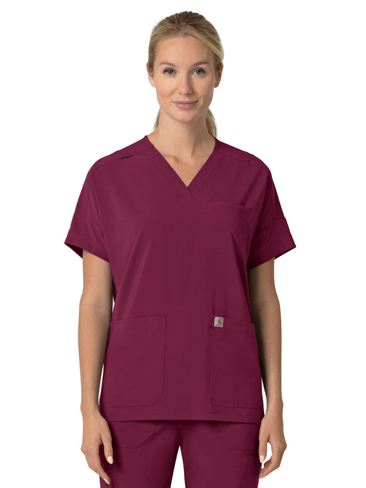 Women's Four-Pocket Oversized V-Neck Scrub Top - C13110 - Wine