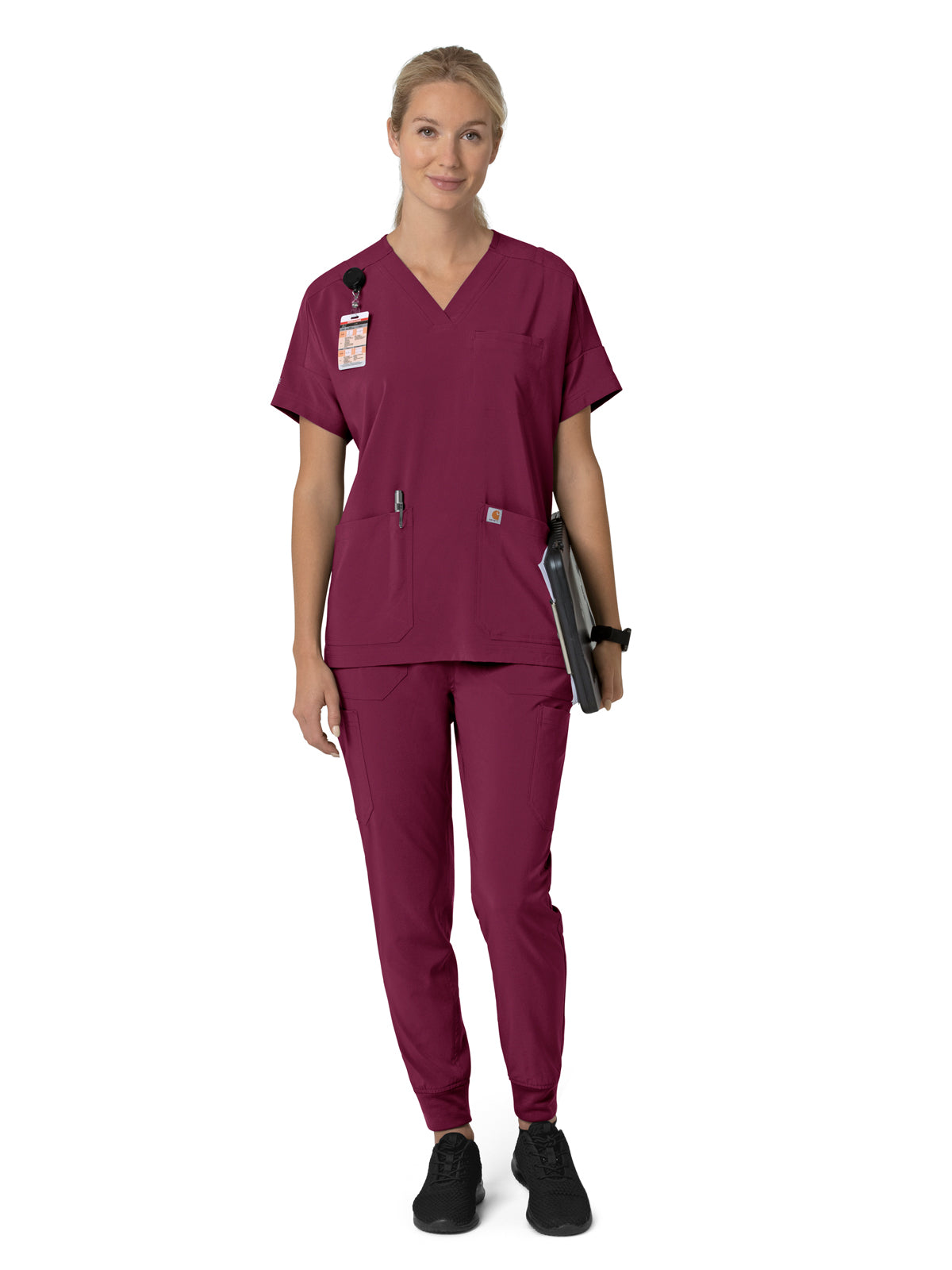 Women's Four-Pocket Oversized V-Neck Scrub Top - C13110 - Wine