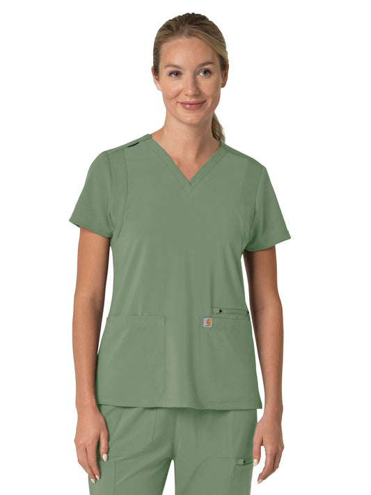 Women's Three-Pocket Flex Panel V-Neck Top - C13210 - Green Slate