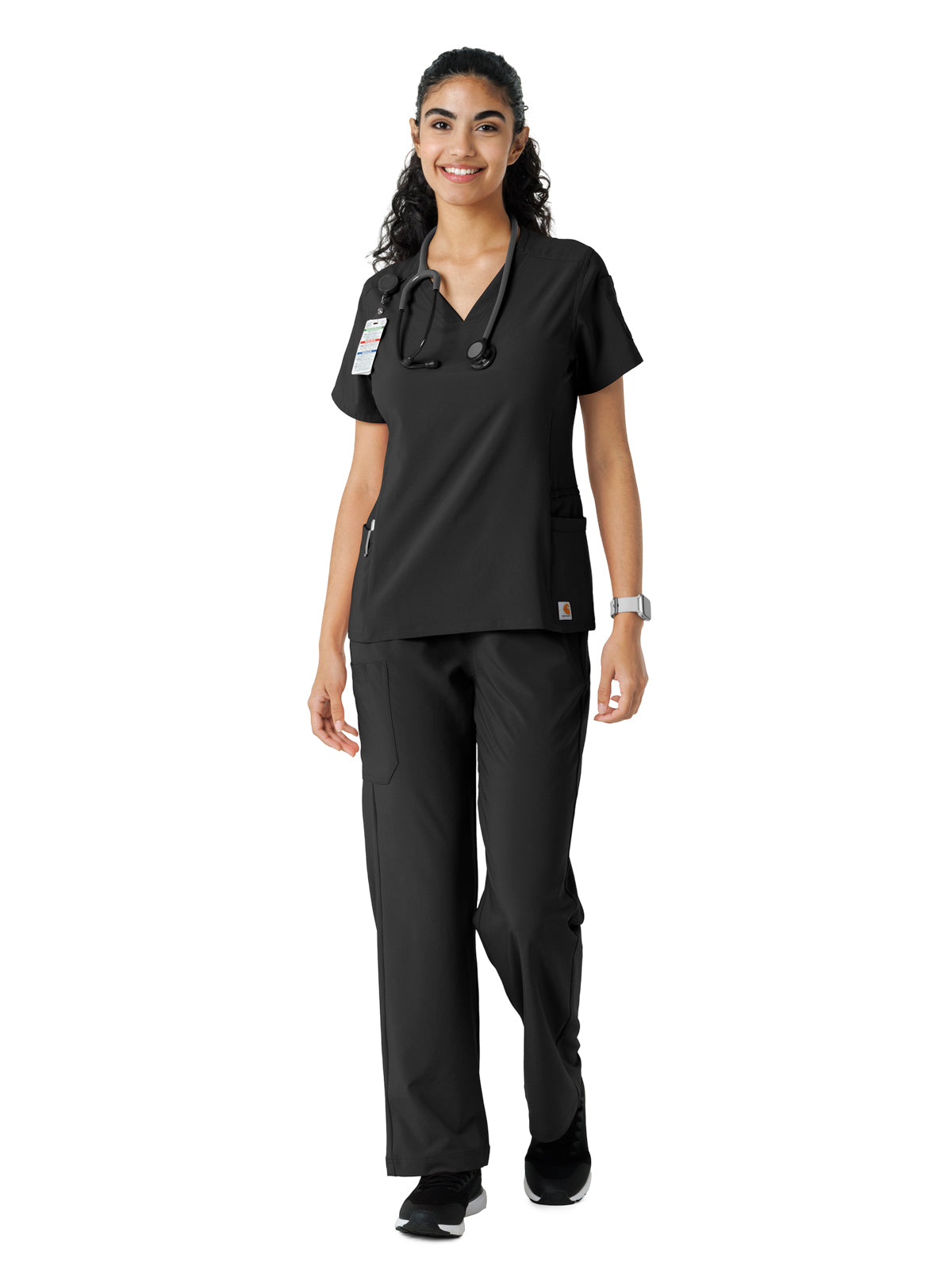 Women's Knit Panel Scrub Top - C13310 - Black