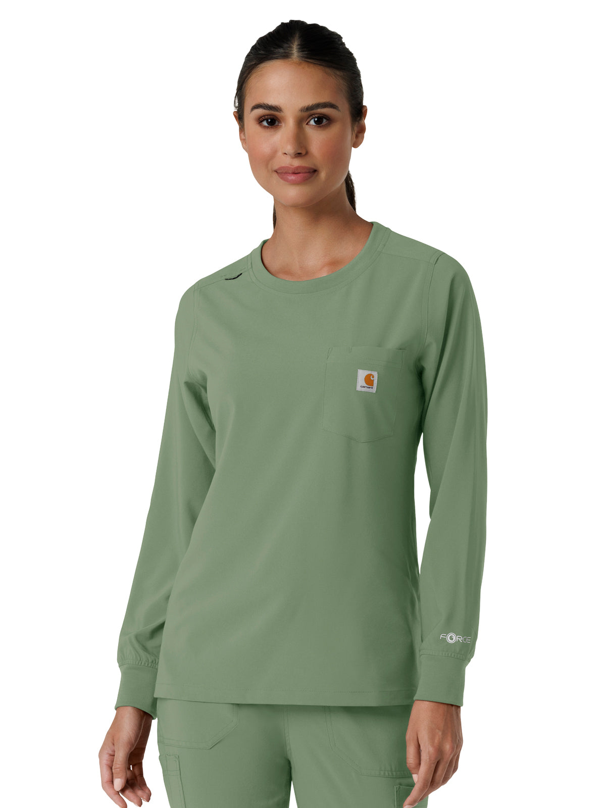 Women's One-Pocket Crew Neck Long Sleeve Scrub Top - C13610 - Green Slate