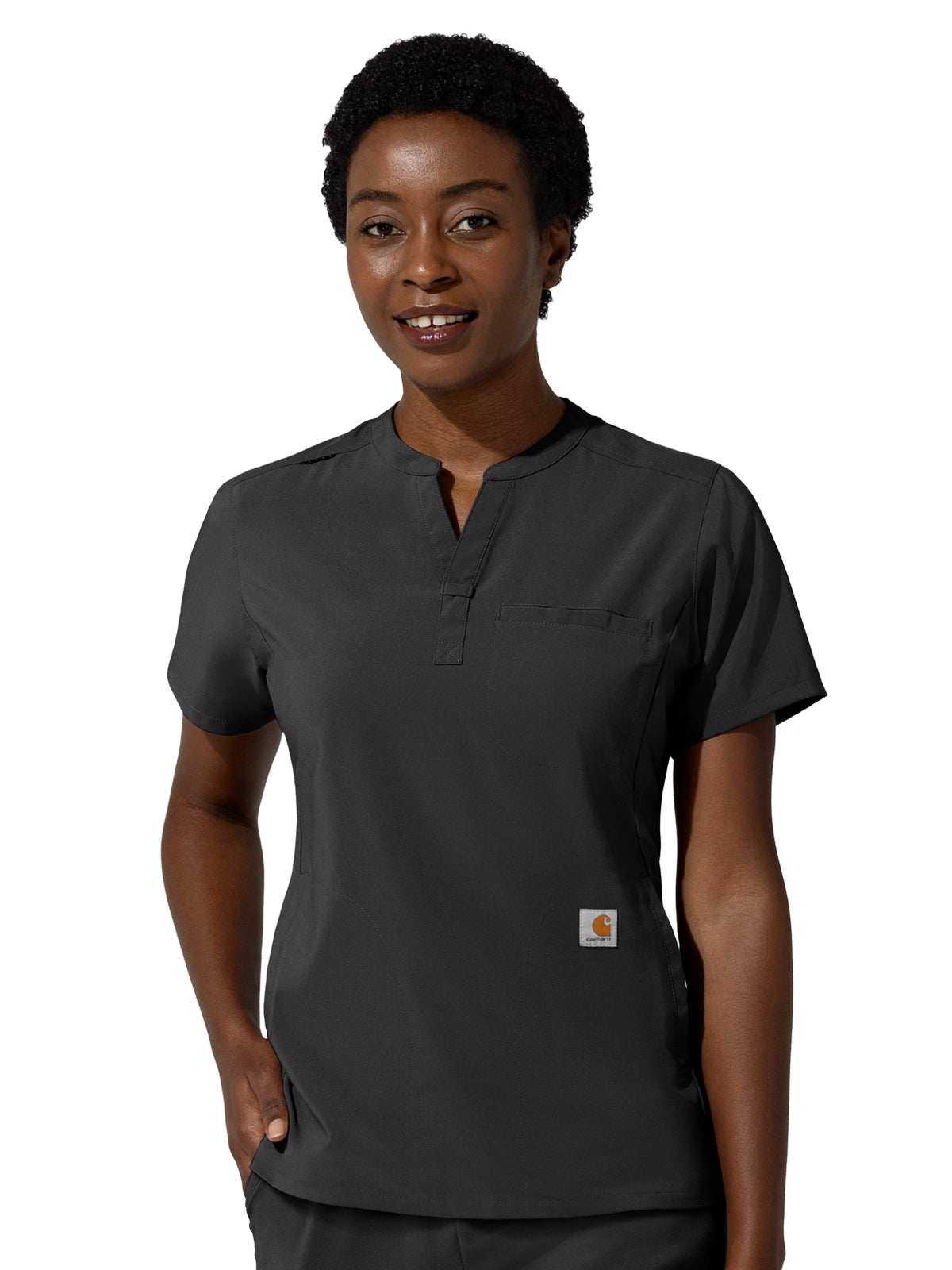 Women's Three-Pocket Banded Collar Scrub Top - C13810 - Black