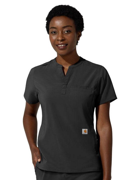 Women's Three-Pocket Banded Collar Scrub Top - C13810 - Black