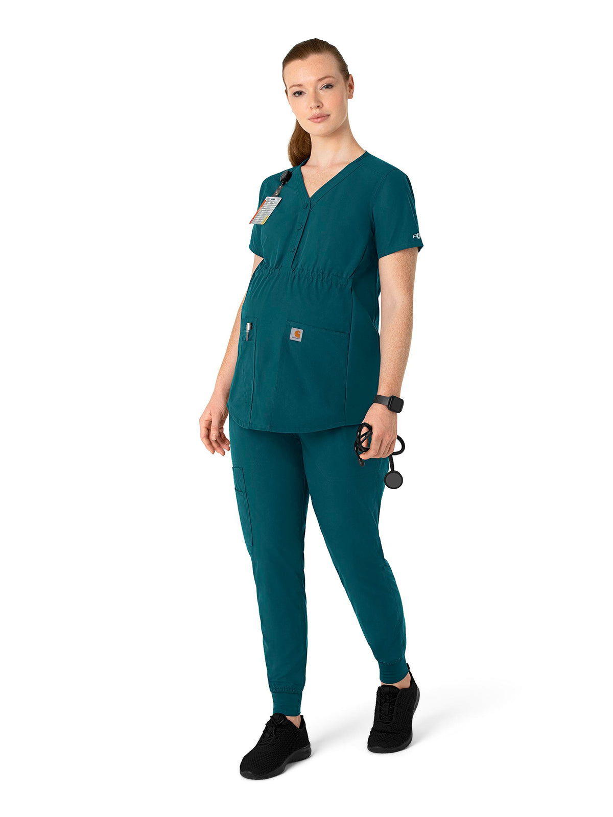 Women's Four-Pocket Henley Maternity Scrub Top - C14113 - Caribbean